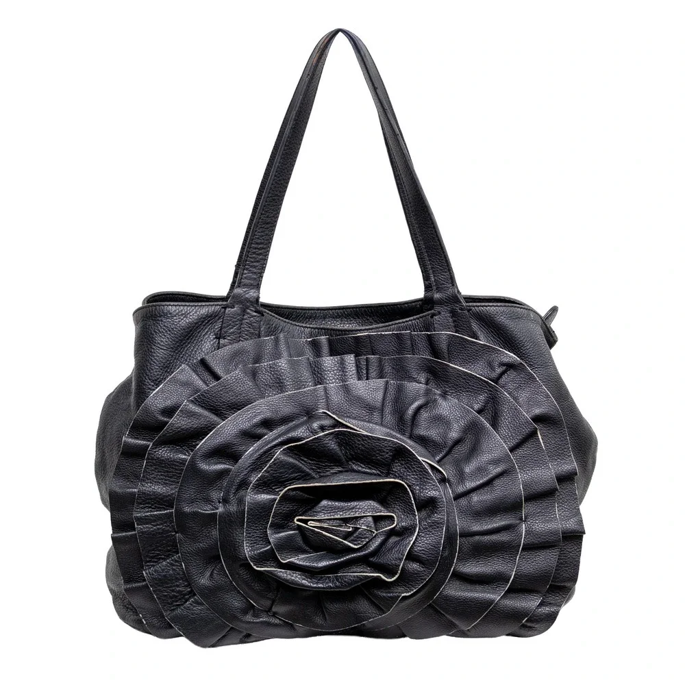 Valentino Garavani Black Pebbled Leather Rosette Flower Tote Bag Shoulder Bag